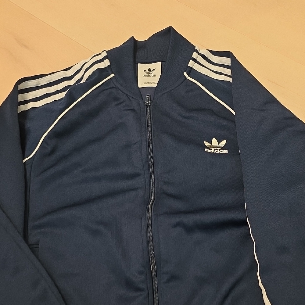 Adidas Dark Blue Track Jacket with White Stripes